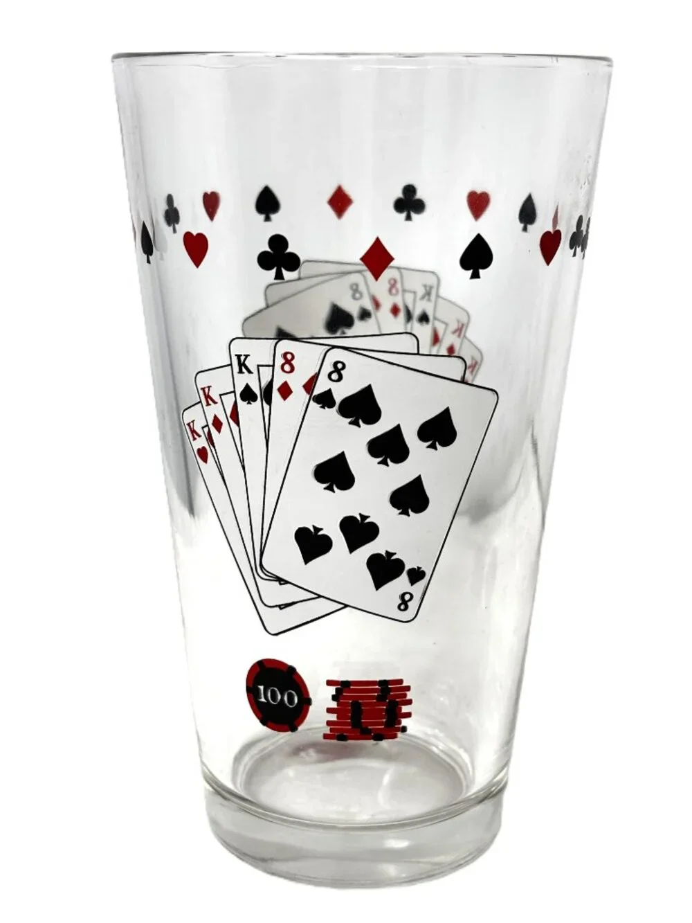 VTG Barware Set of 4 Beer Glasses Full House Playing Cards  w/ Poker Chips